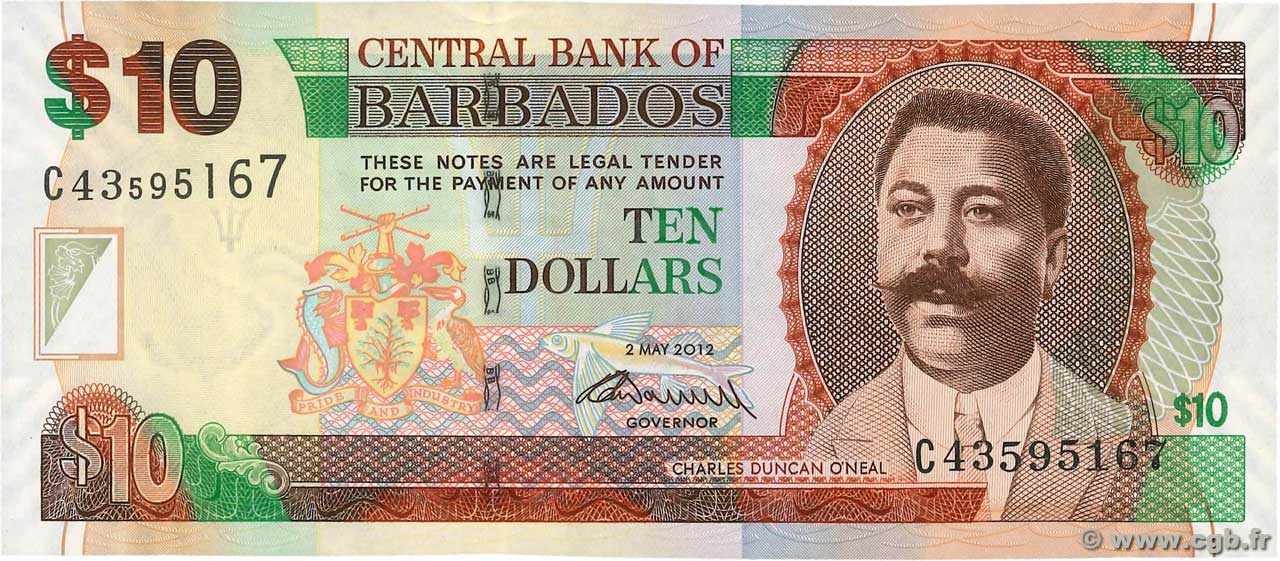 10 Dollars BARBADOS  2012 P.68c AU