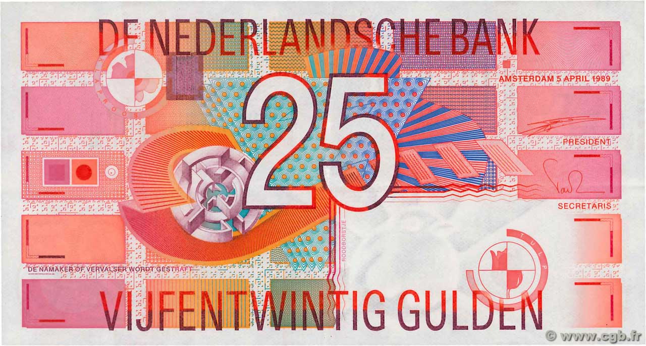 25 Gulden PAíSES BAJOS  1989 P.100 EBC