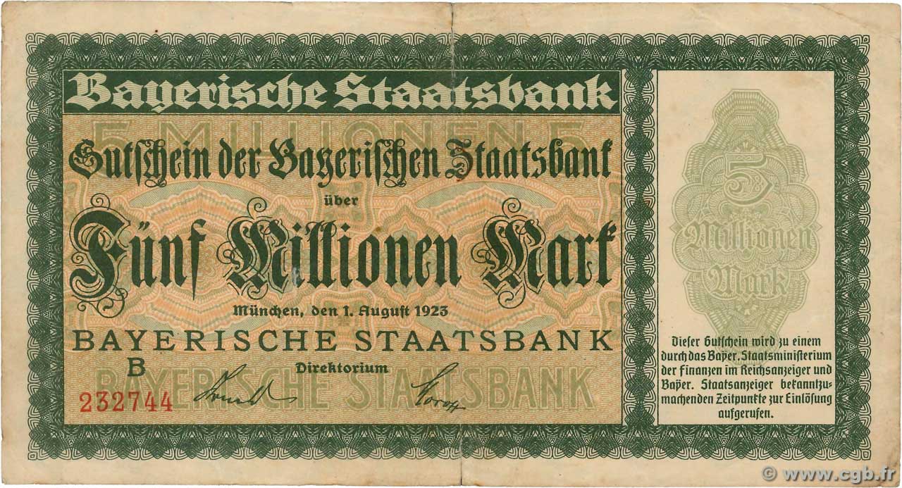 5 Millionen Mark GERMANIA  1923 Bay.220a BB