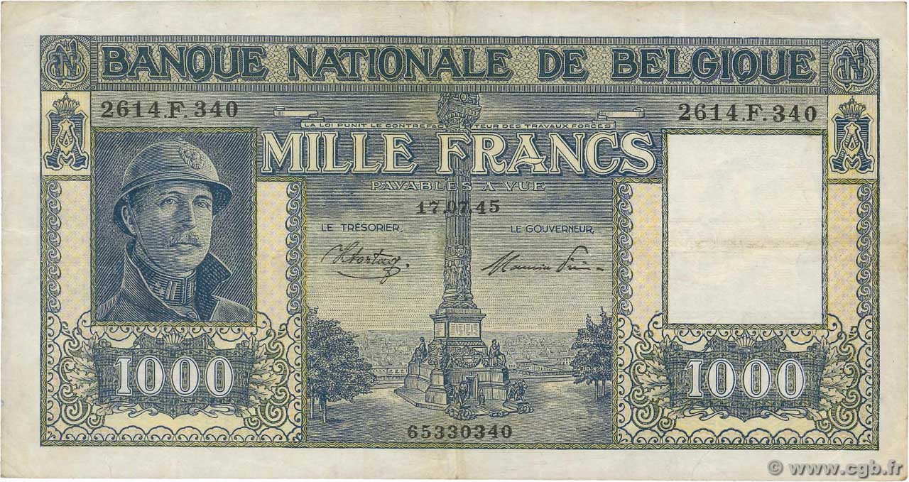 1000 Francs BÉLGICA  1945 P.128b MBC