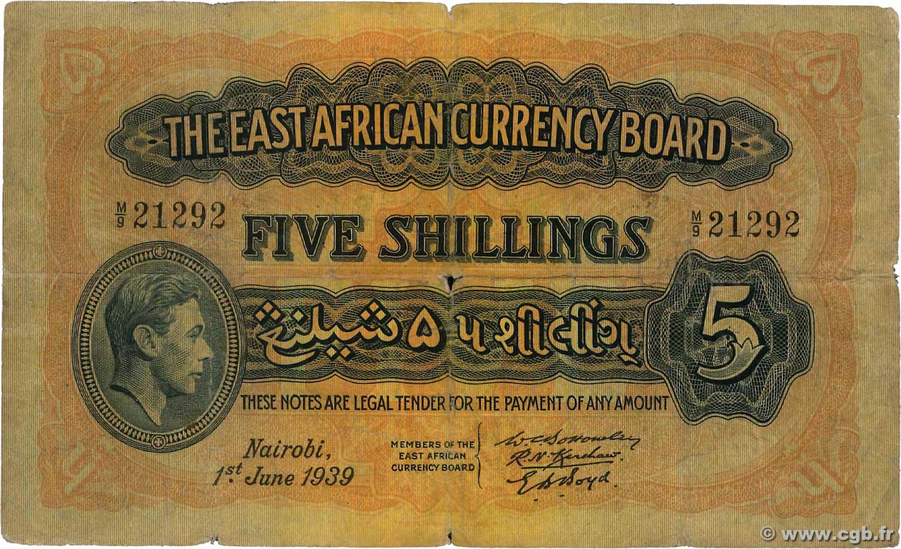 5 Shillings AFRICA DI L EST BRITANNICA   1939 P.26Aa B