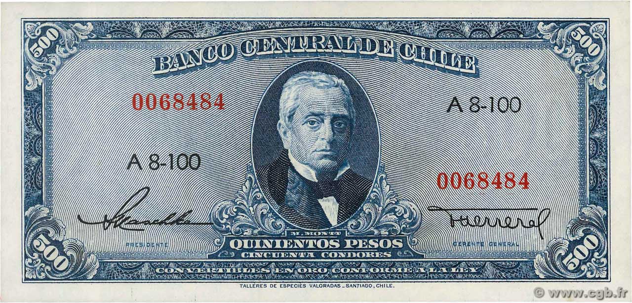 500 Pesos - 50 Condores CHILE  1947 P.115 AU