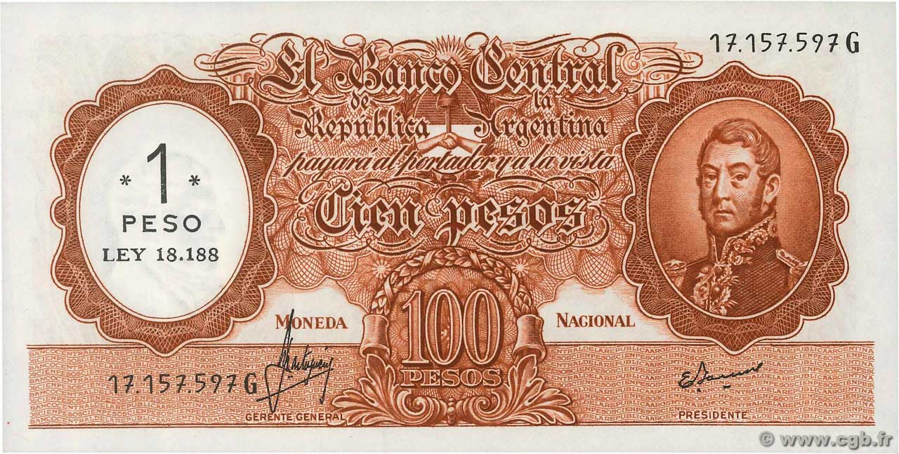 1 Peso sur 100 Pesos ARGENTINA  1969 P.282 SC+