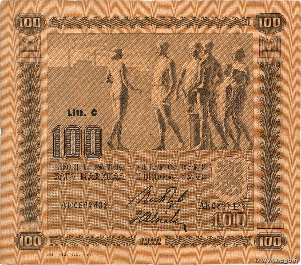 100 Markkaa FINLAND  1922 P.065a VF