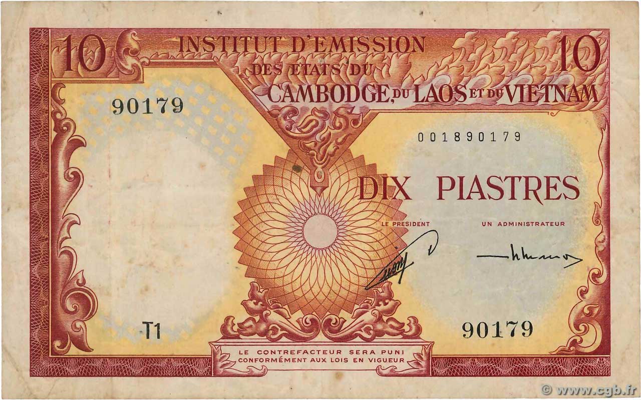 10 Piastres - 10 Riels FRENCH INDOCHINA  1953 P.096a F