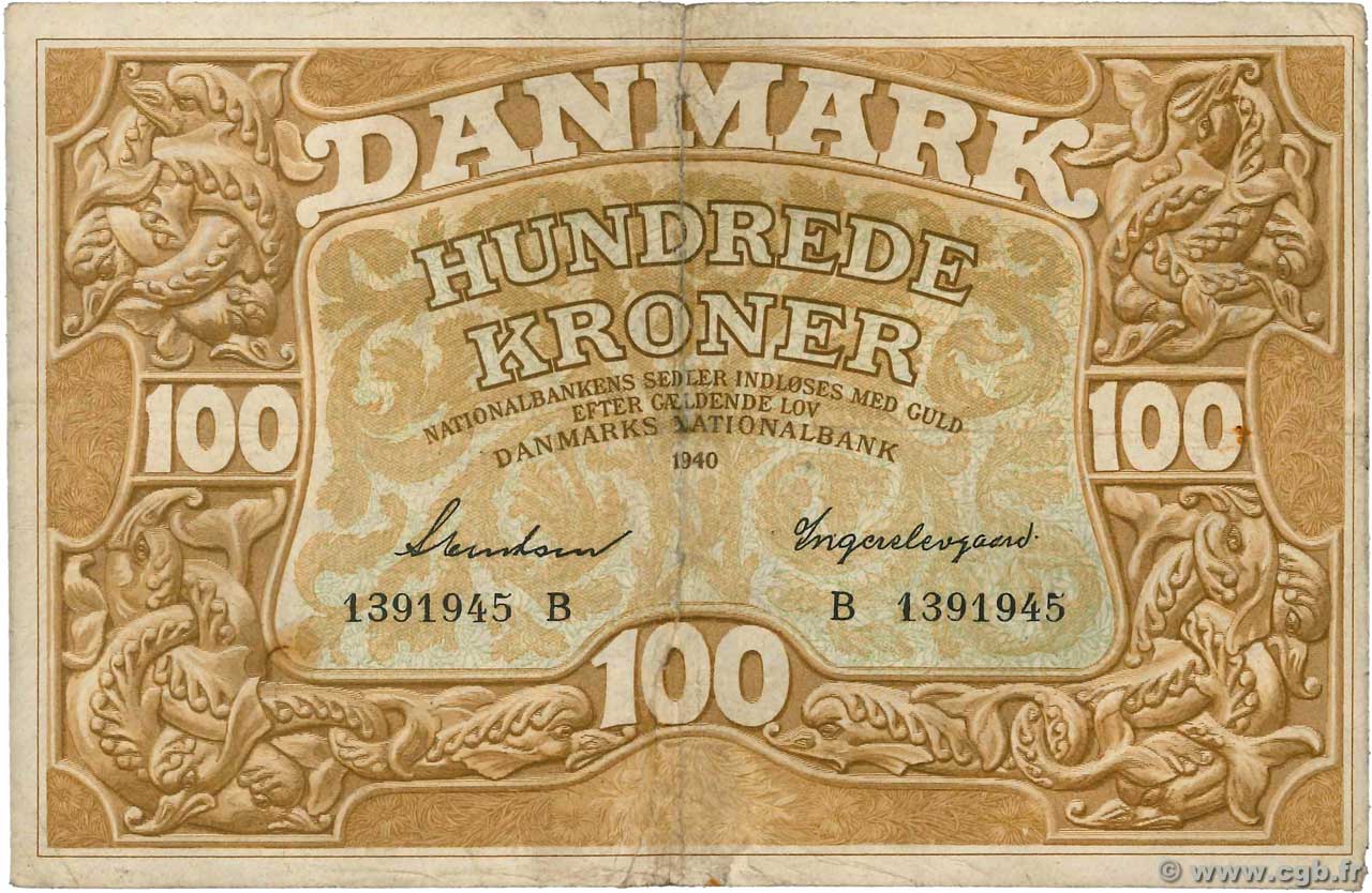 100 Kroner DINAMARCA  1940 P.033b BC+