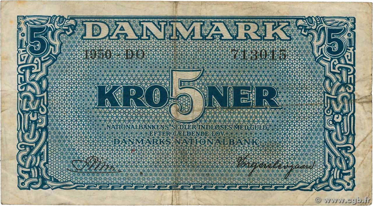 5 Kroner DANEMARK  1950 P.035g TB