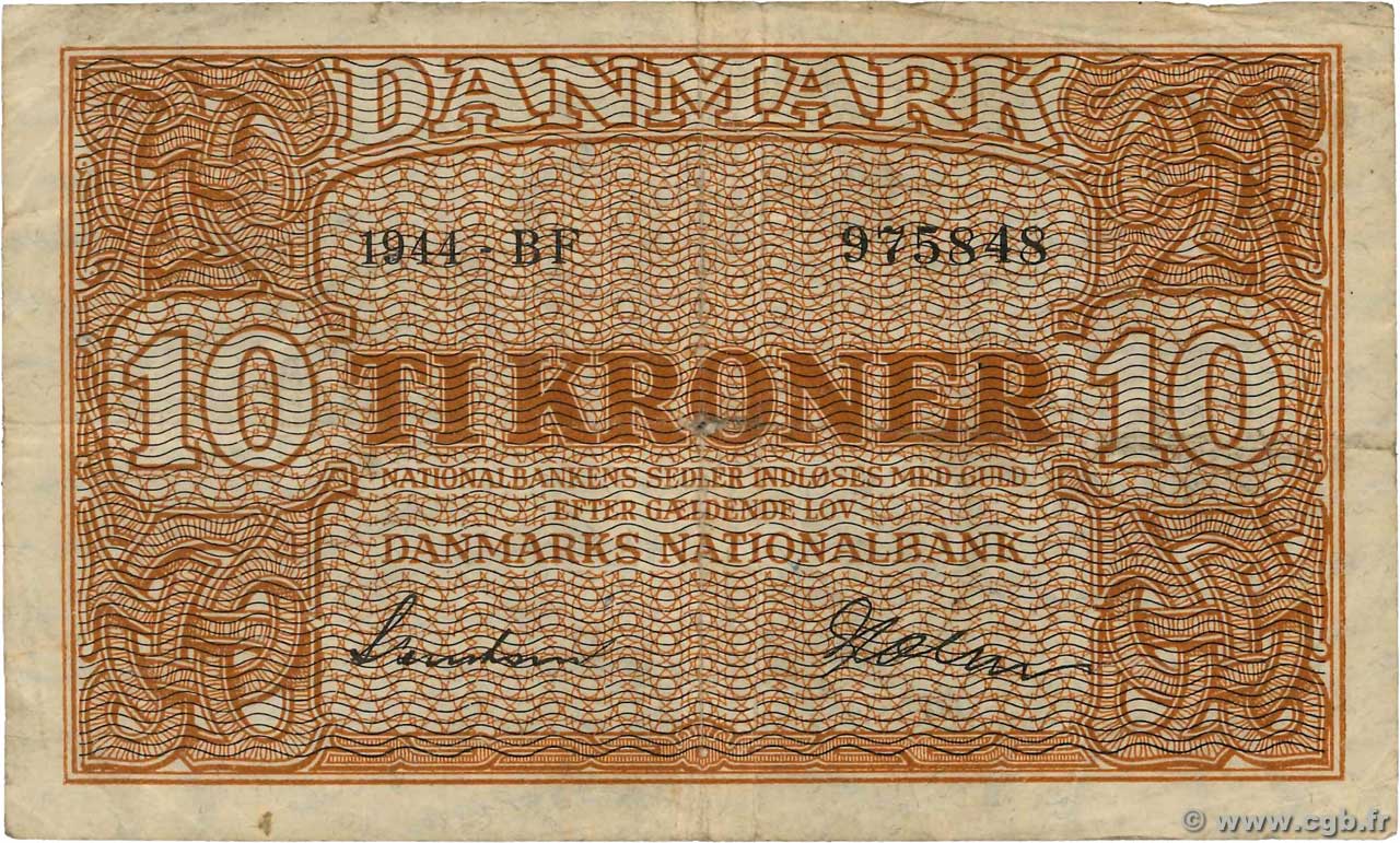 10 Kroner DINAMARCA  1944 P.036a BC+
