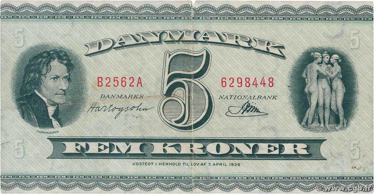 5 Kroner DENMARK  1956 P.042l VF