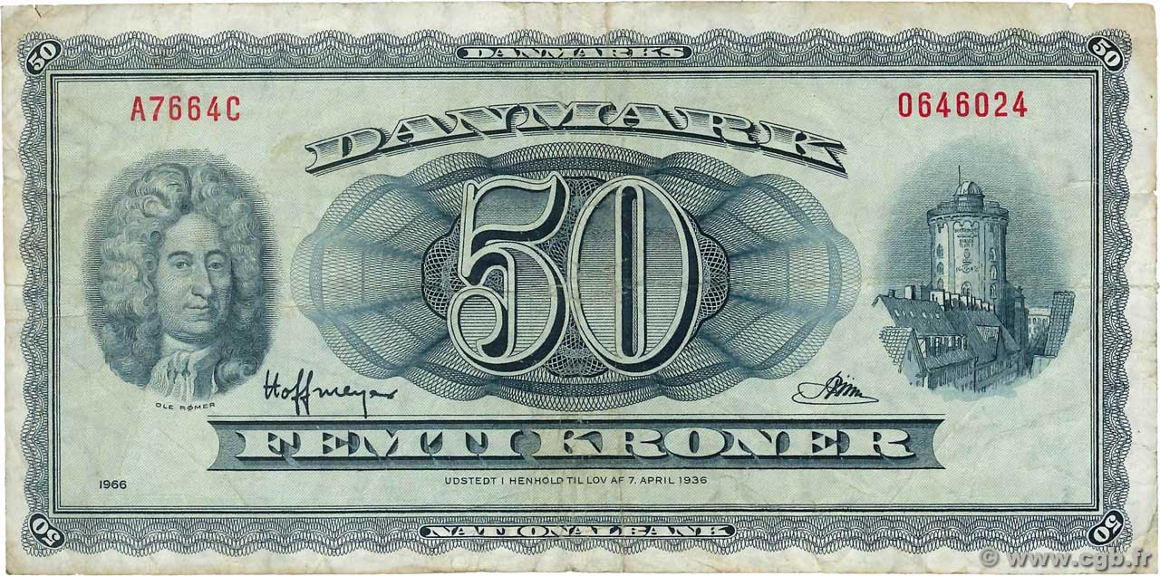 50 Kroner DANEMARK  1966 P.045k TB