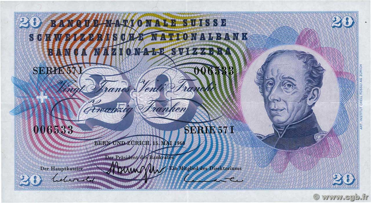 20 Francs SUISSE  1968 P.46p SUP