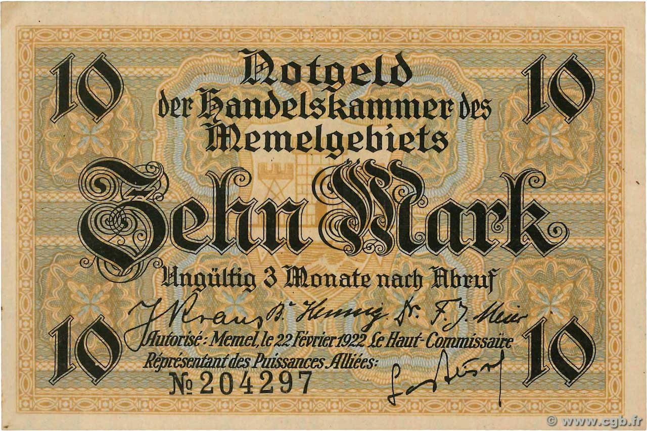 10 Mark MEMEL  1922 P.05b SPL
