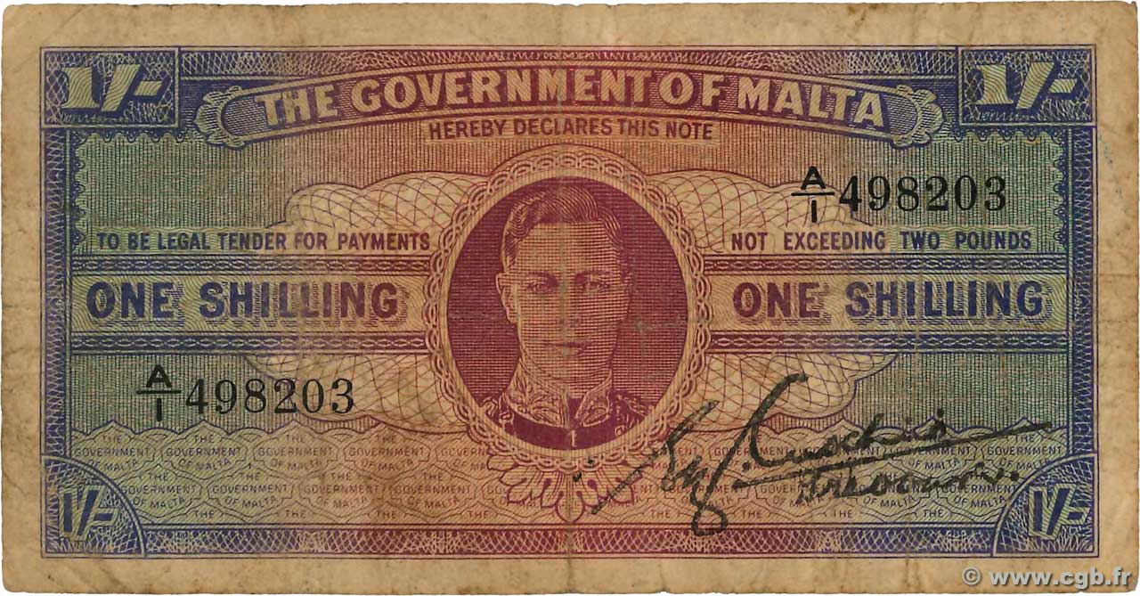 1 Shilling MALTE  1943 P.16 B+
