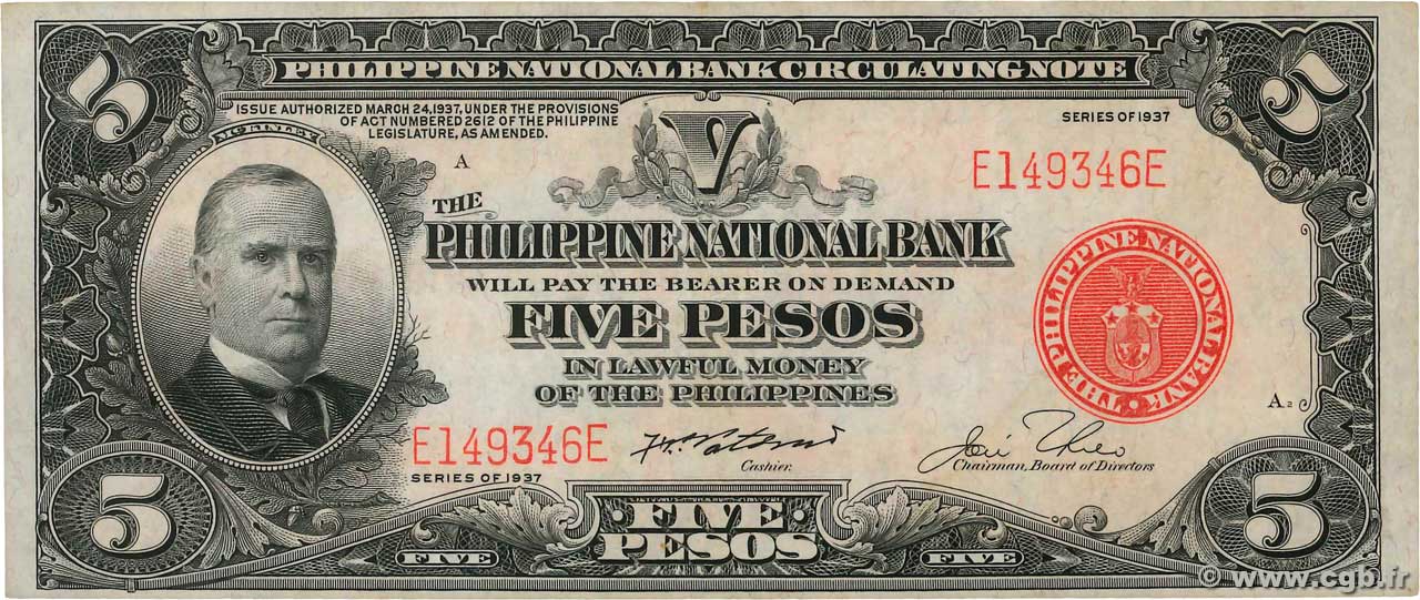 5 Pesos PHILIPPINEN  1937 P.057 VZ+