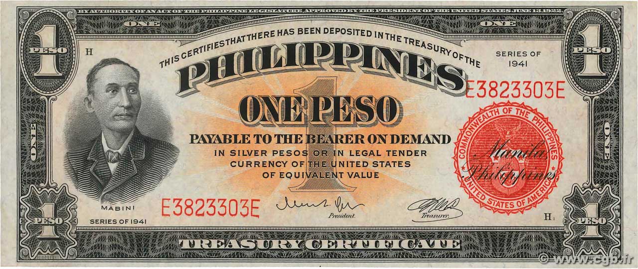 1 Peso PHILIPPINEN  1941 P.089a fST+
