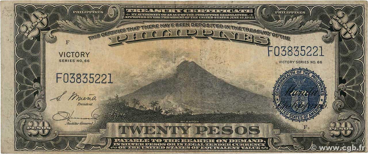 20 Pesos PHILIPPINES  1944 P.098a TB