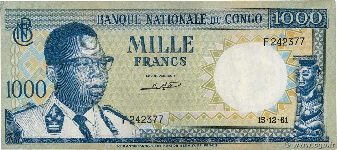 1000 Francs REPUBBLICA DEMOCRATICA DEL CONGO  1961 P.008a BB