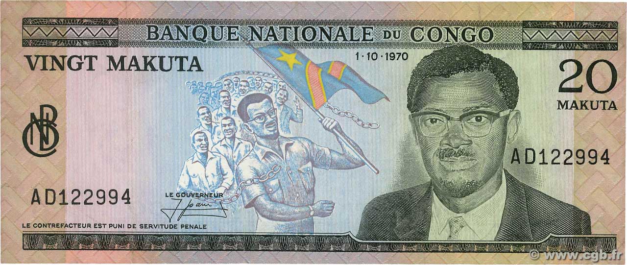 20 Makuta DEMOKRATISCHE REPUBLIK KONGO  1970 P.010b VZ