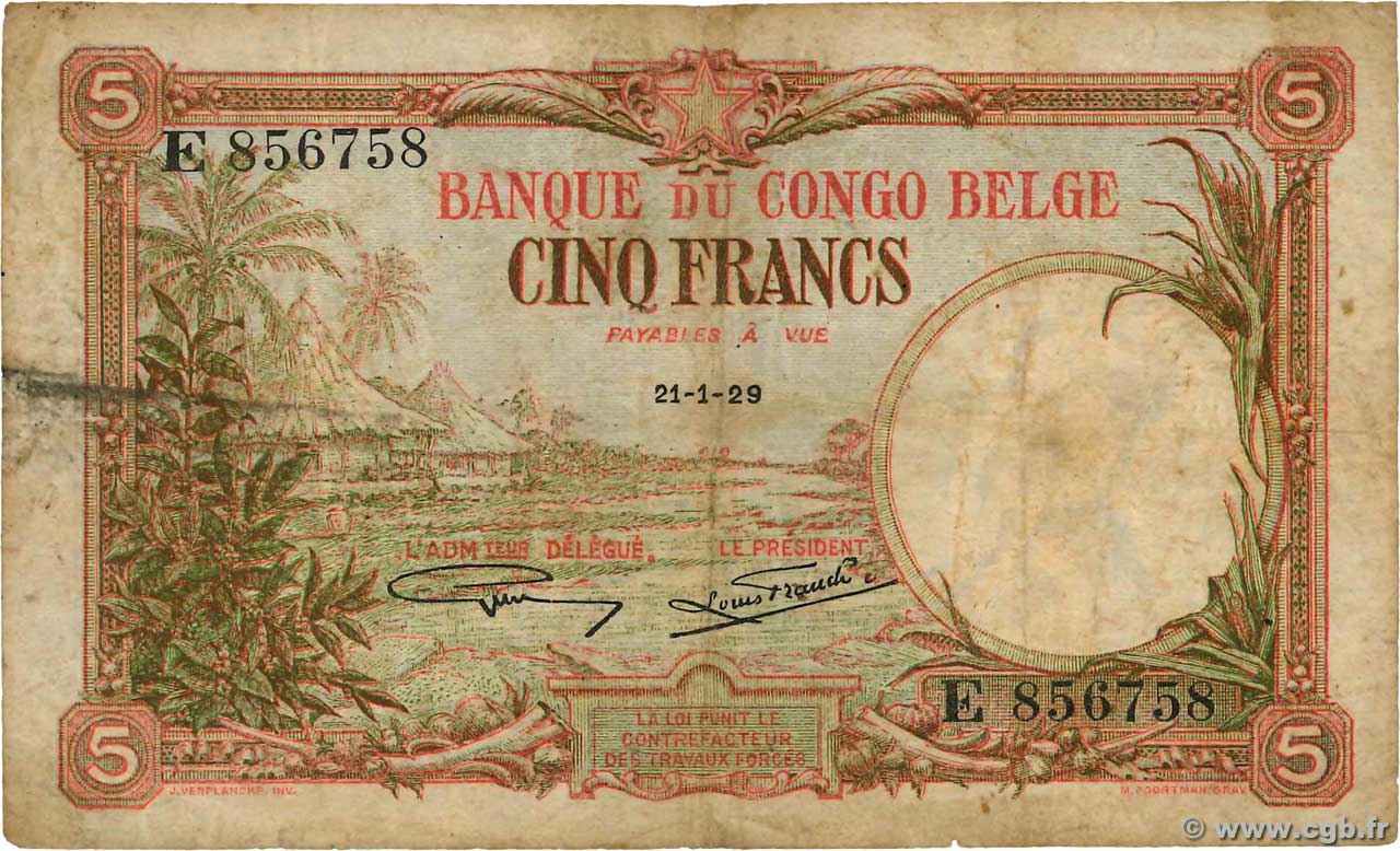 5 Francs CONGO BELGE  1929 P.08e pr.TB