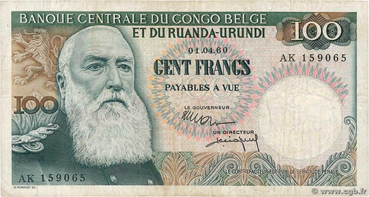 100 Francs BELGIAN CONGO  1960 P.33b F+