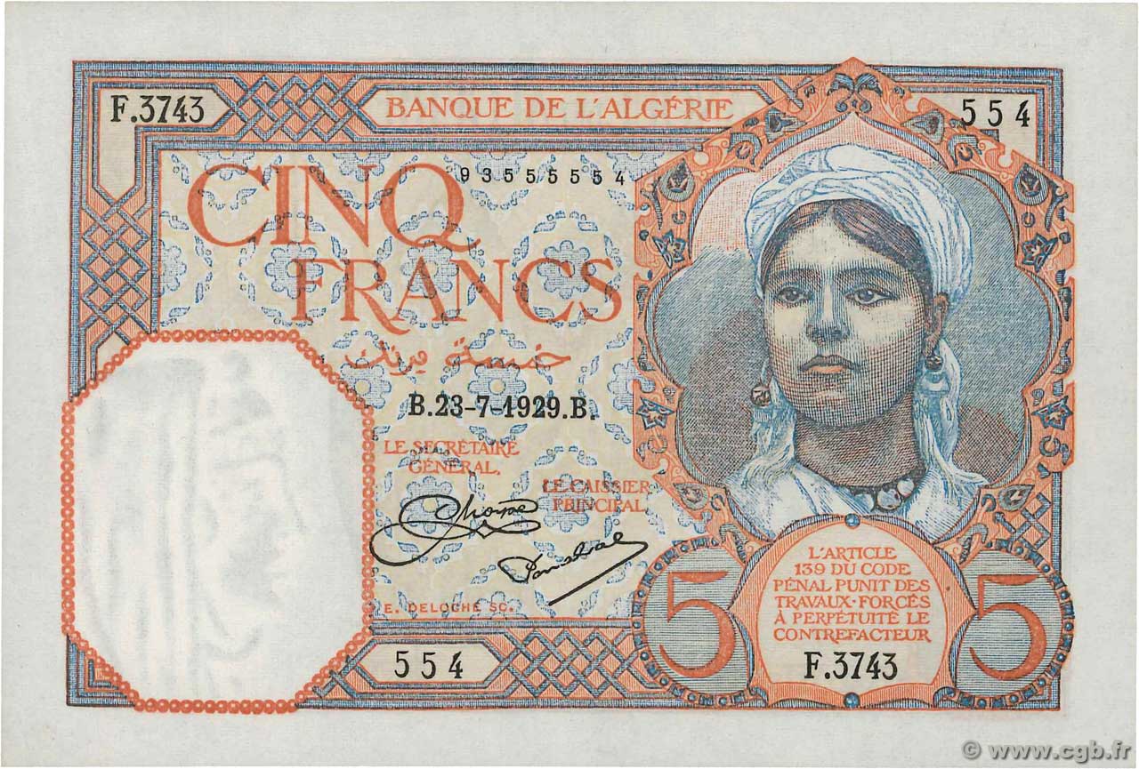5 Francs ALGERIA  1929 P.077a UNC-