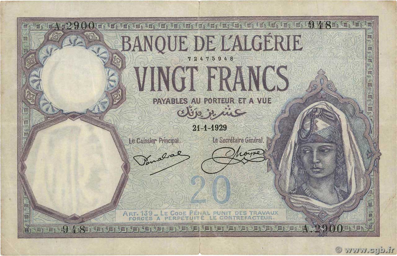 20 Francs ALGERIA  1929 P.078b BB