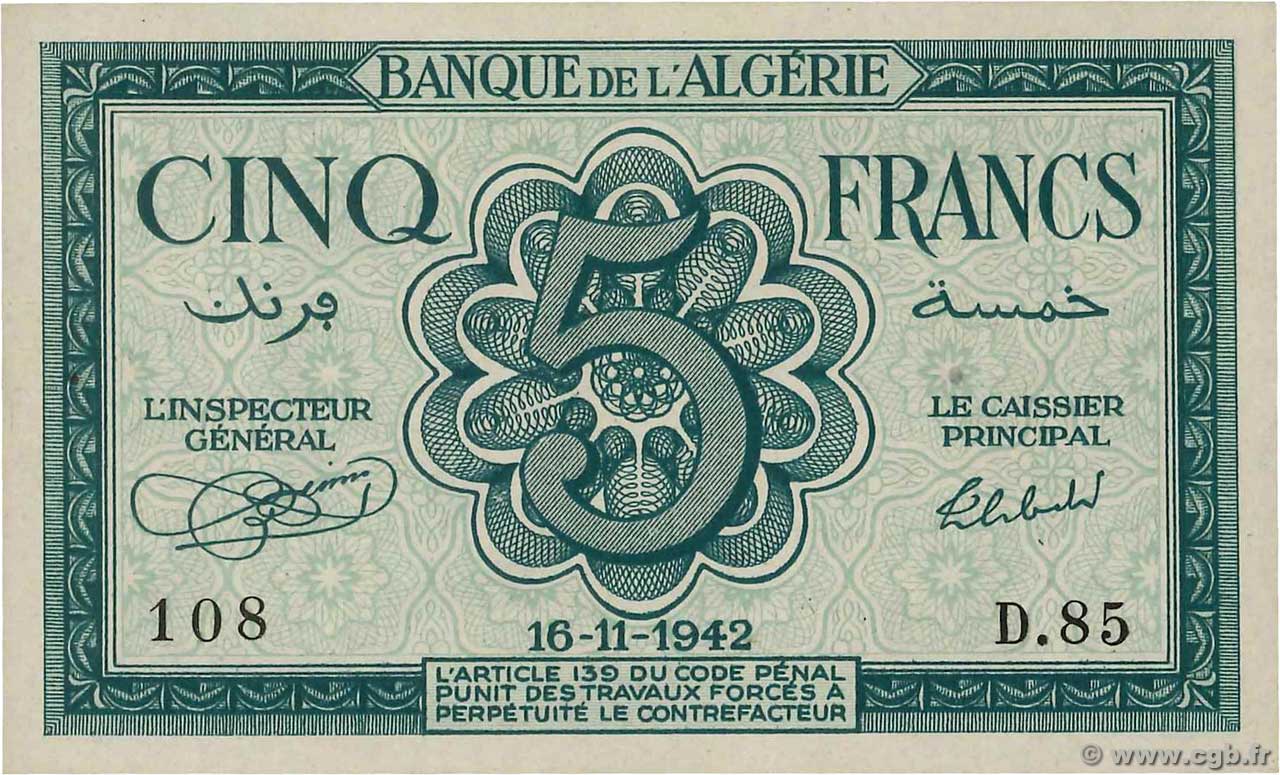 5 Francs ALGERIEN  1942 P.091 fST+