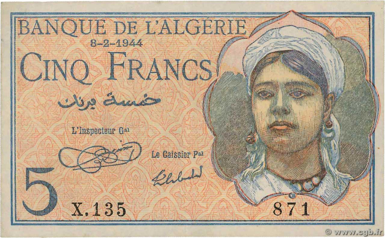 5 Francs ALGÉRIE  1944 P.094a SUP