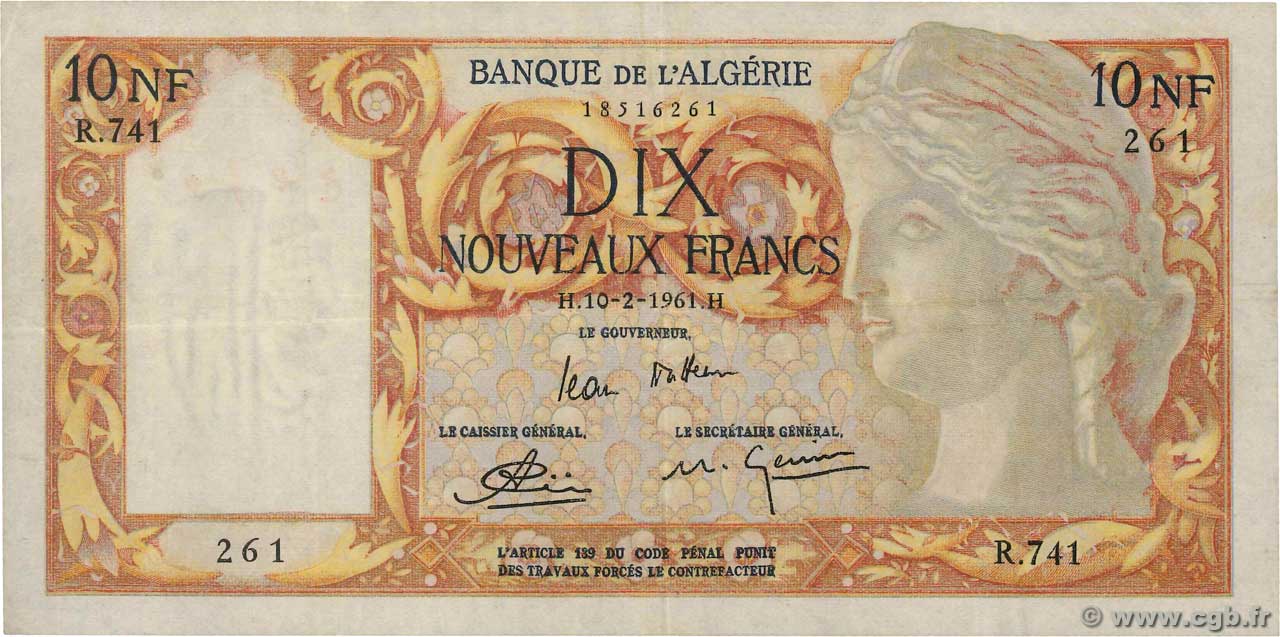 10 Nouveaux Francs ALGERIA  1961 P.119a VF