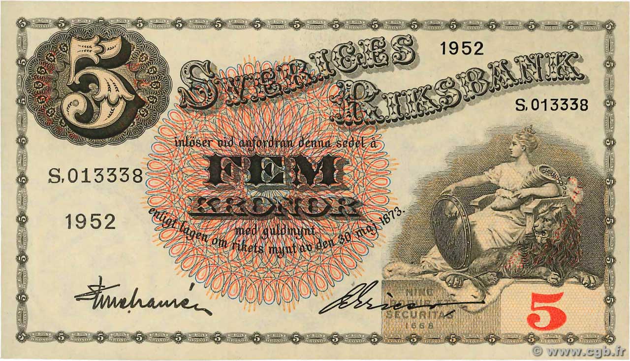 5 Kronor SWEDEN  1952 P.33ai UNC-