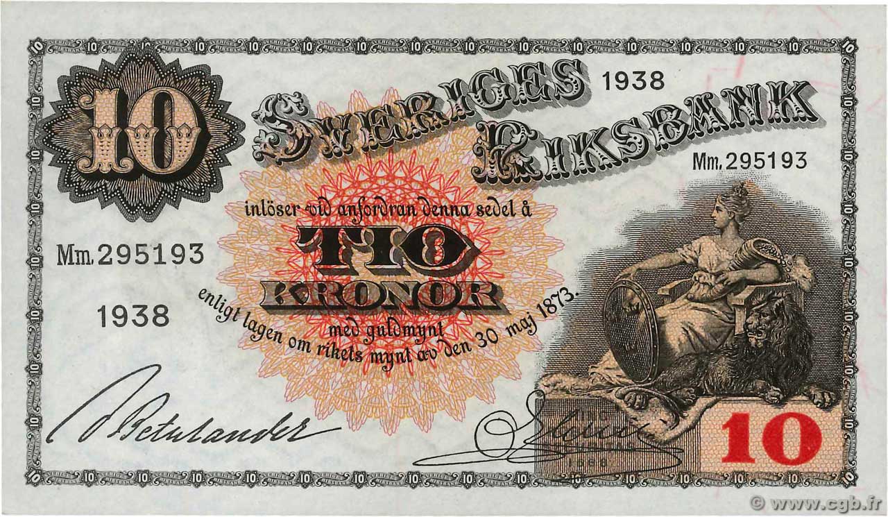 10 Kronor SUÈDE  1938 P.34u pr.NEUF