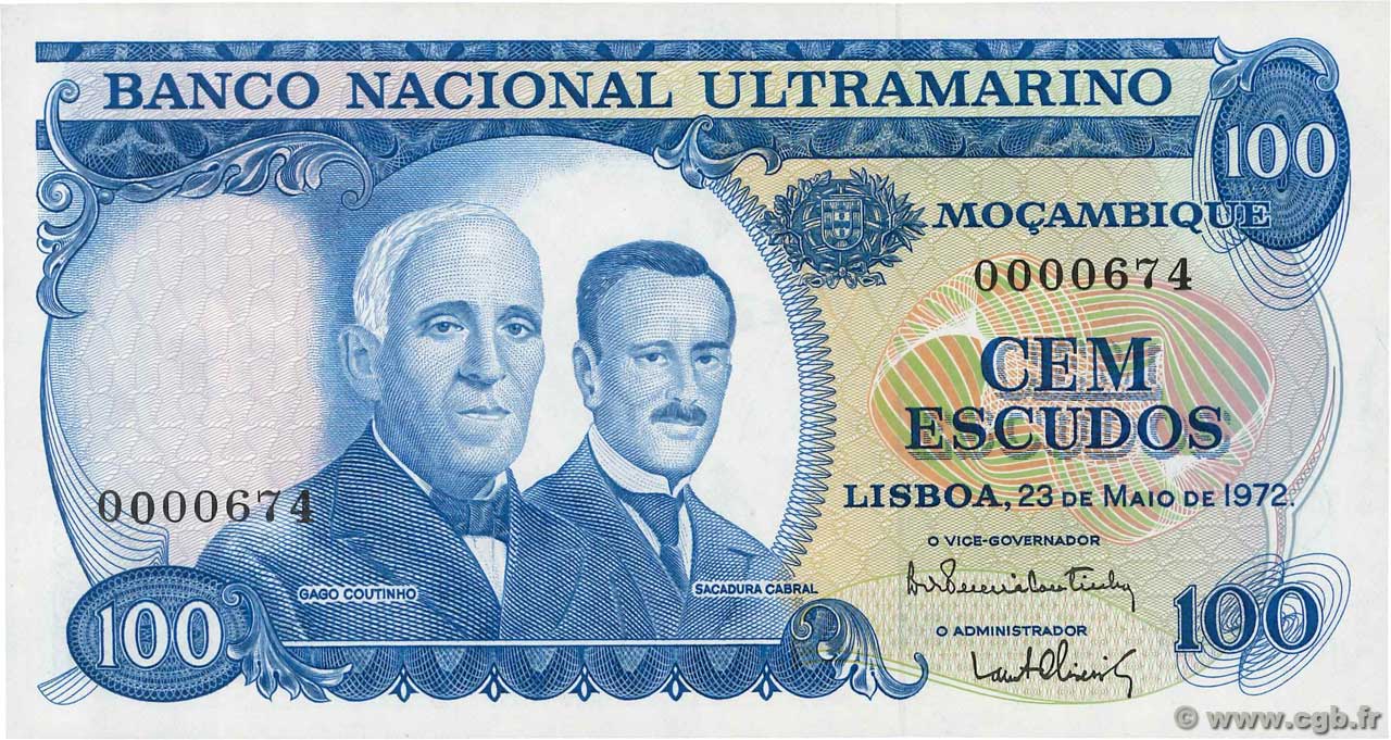 100 Escudos Petit numéro MOZAMBIQUE  1972 P.113 NEUF