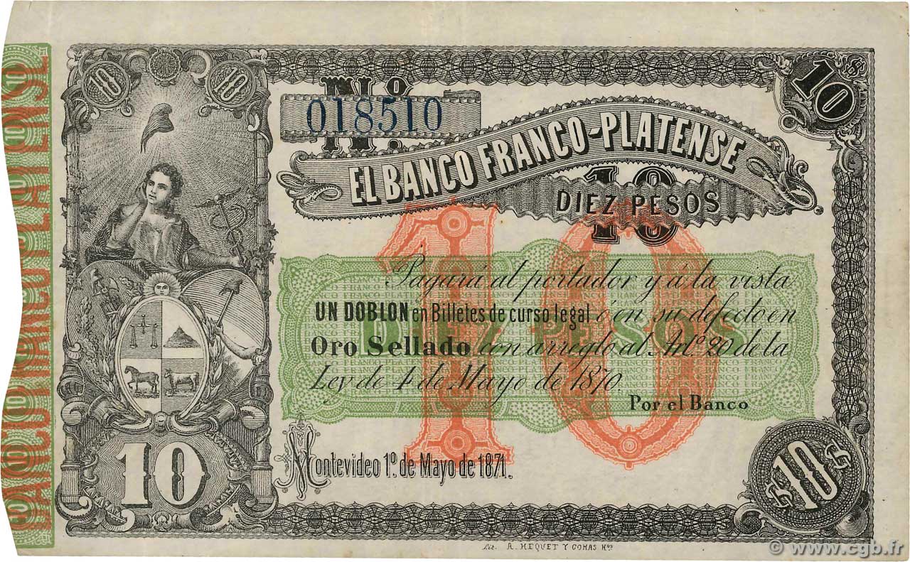 10 Pesos Non émis URUGUAY  1871 PS.171b MBC+