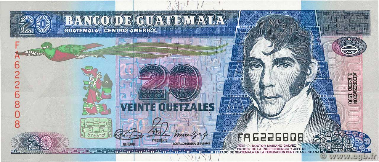 20 Quetzales GUATEMALA  1990 P.076b ST