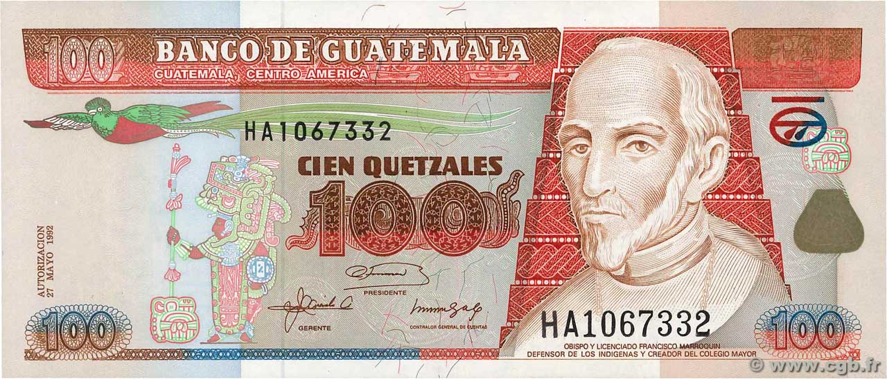 100 Quetzales GUATEMALA  1992 P.085 UNC