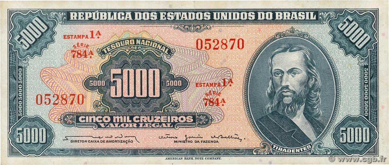 5000 Cruzeiros BRASILIEN  1964 P.174b VZ+