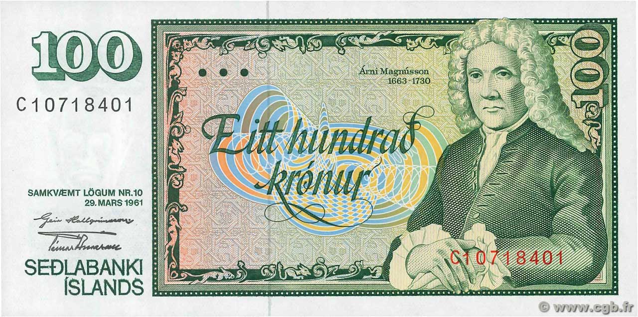 100 Kronur ISLANDA  1961 P.50a FDC