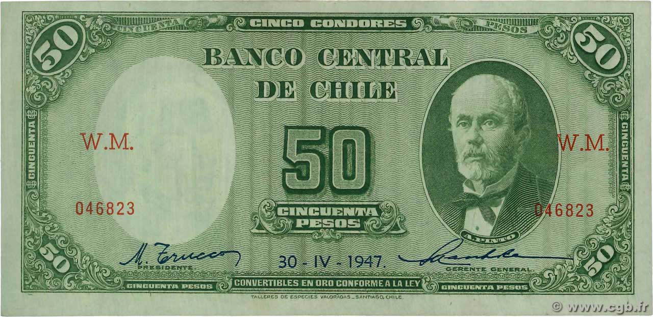 50 Pesos - 5 Condores CILE  1947 P.104 SPL