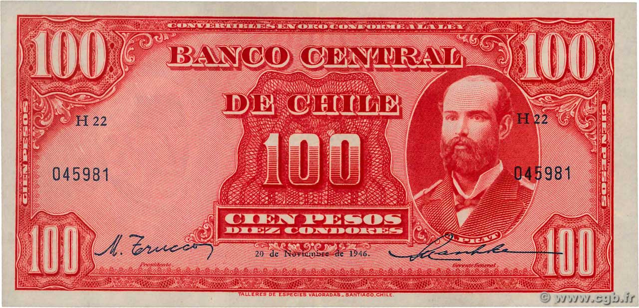 100 Pesos - 10 Condores CILE  1946 P.105 SPL+