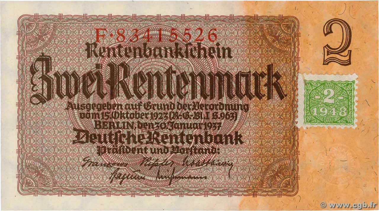2 Deutsche Mark sur 2 Rentenmark DEUTSCHE DEMOKRATISCHE REPUBLIK  1948 P.02 ST