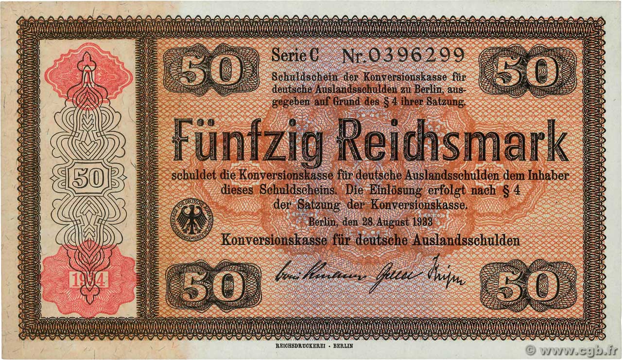 50 Reichsmark DEUTSCHLAND  1934 P.211 fST+