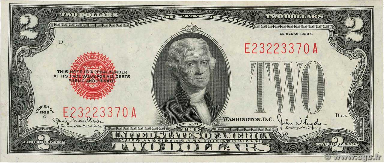 2 Dollars UNITED STATES OF AMERICA  1928 P.378g XF+