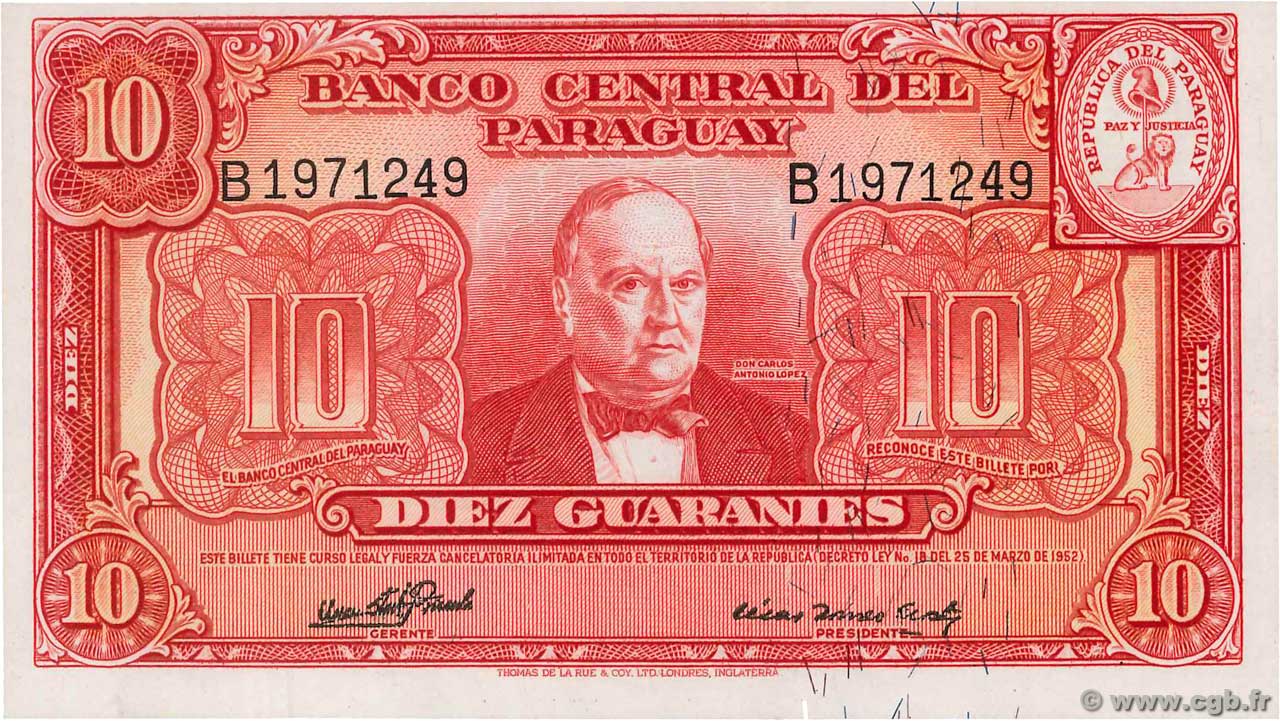 10 Guaranies PARAGUAY  1952 P.187c UNC
