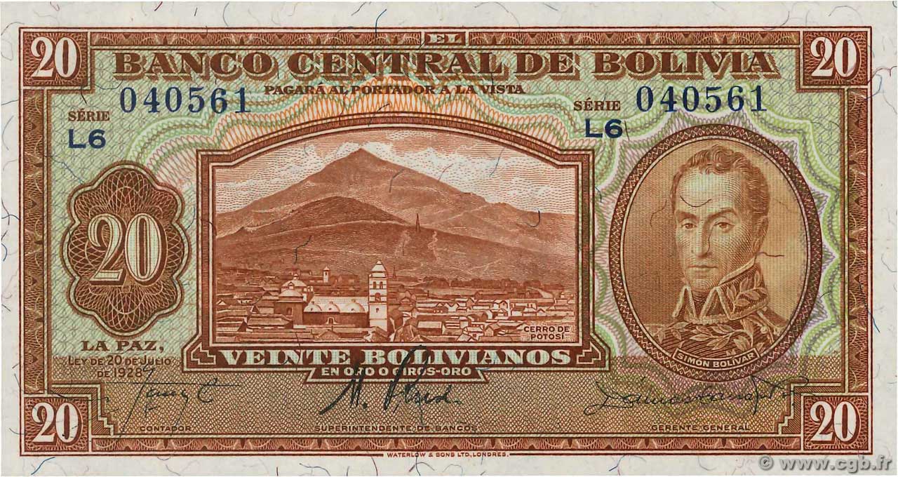 20 Bolivianos BOLIVIA  1928 P.131 UNC