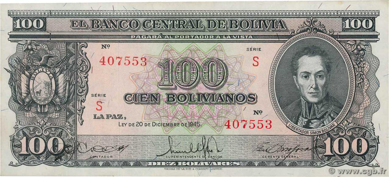100 Bolivianos BOLIVIA  1945 P.142 XF