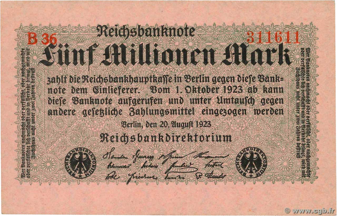 5 Millions Mark GERMANIA  1923 P.105 AU