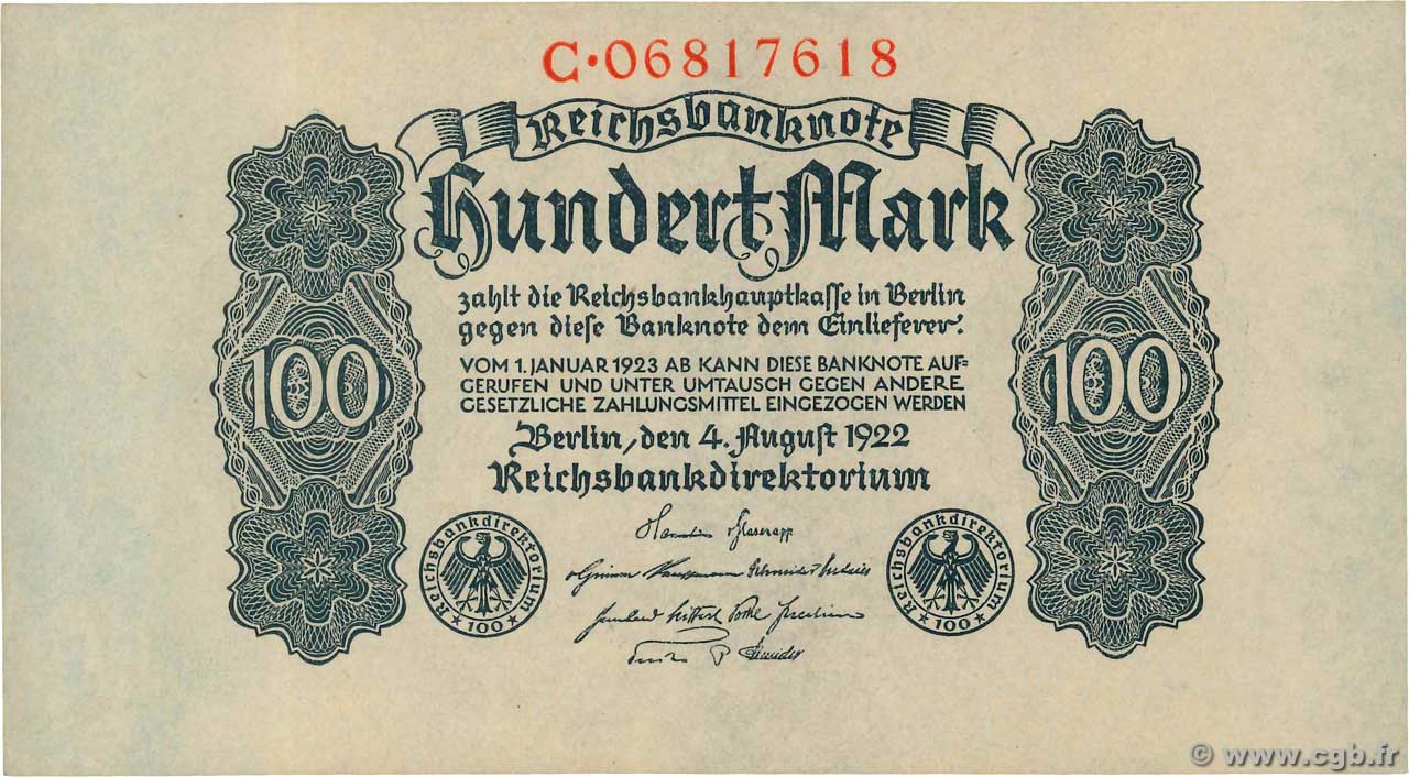 100 Mark GERMANY  1922 P.075 UNC-