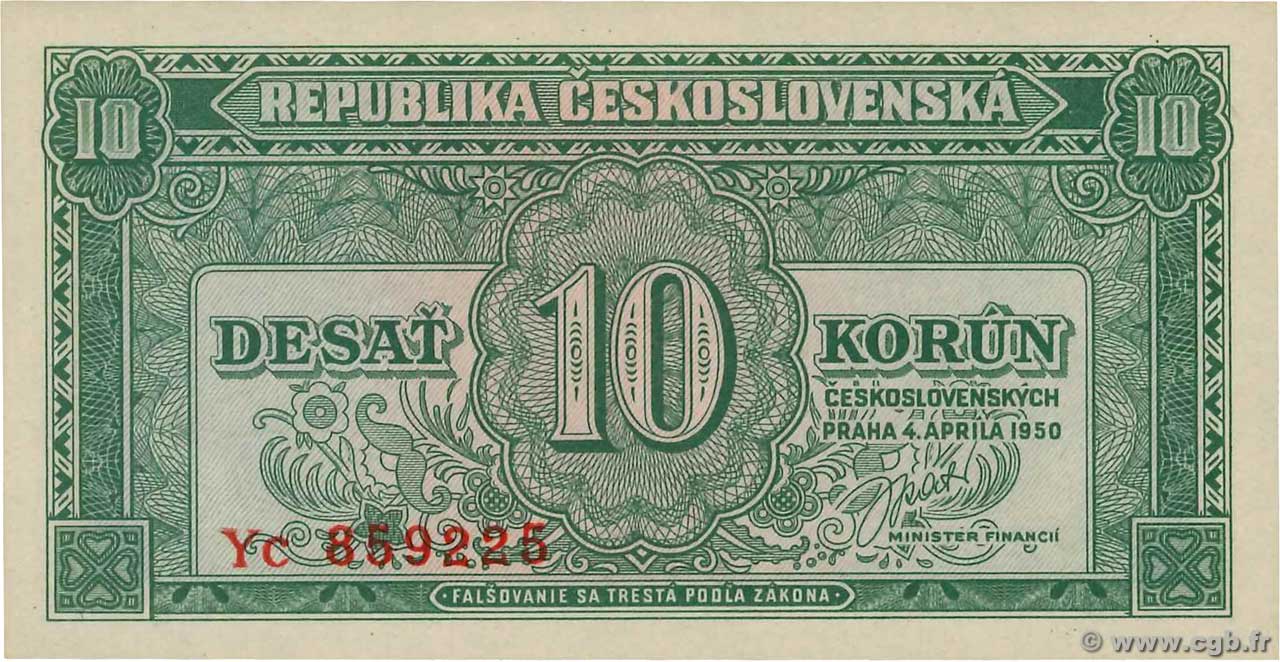10 Korun CZECHOSLOVAKIA  1950 P.069a UNC