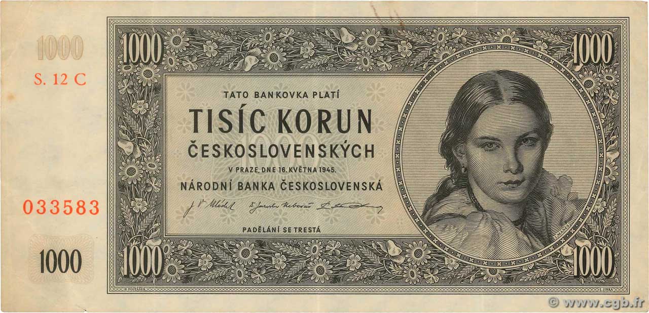 1000 Korun CECOSLOVACCHIA  1945 P.074c BB