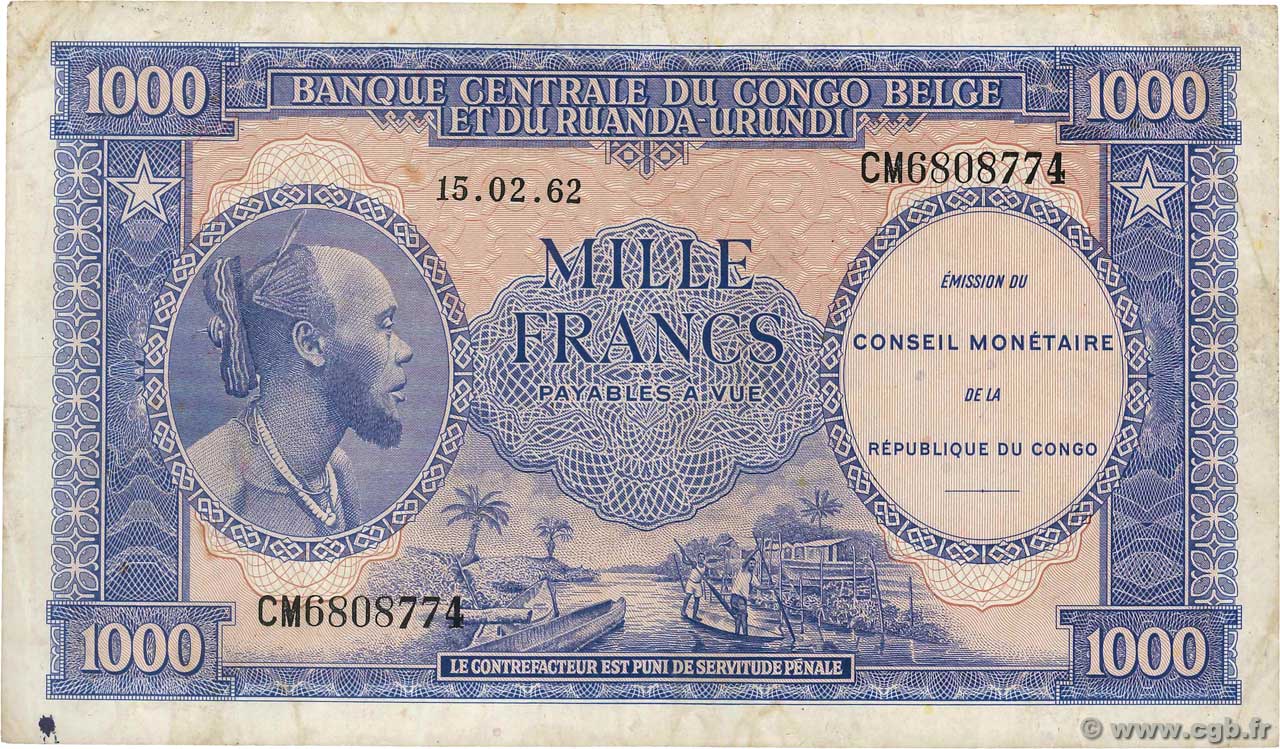 1000 Francs RÉPUBLIQUE DÉMOCRATIQUE DU CONGO  1962 P.002a TB+